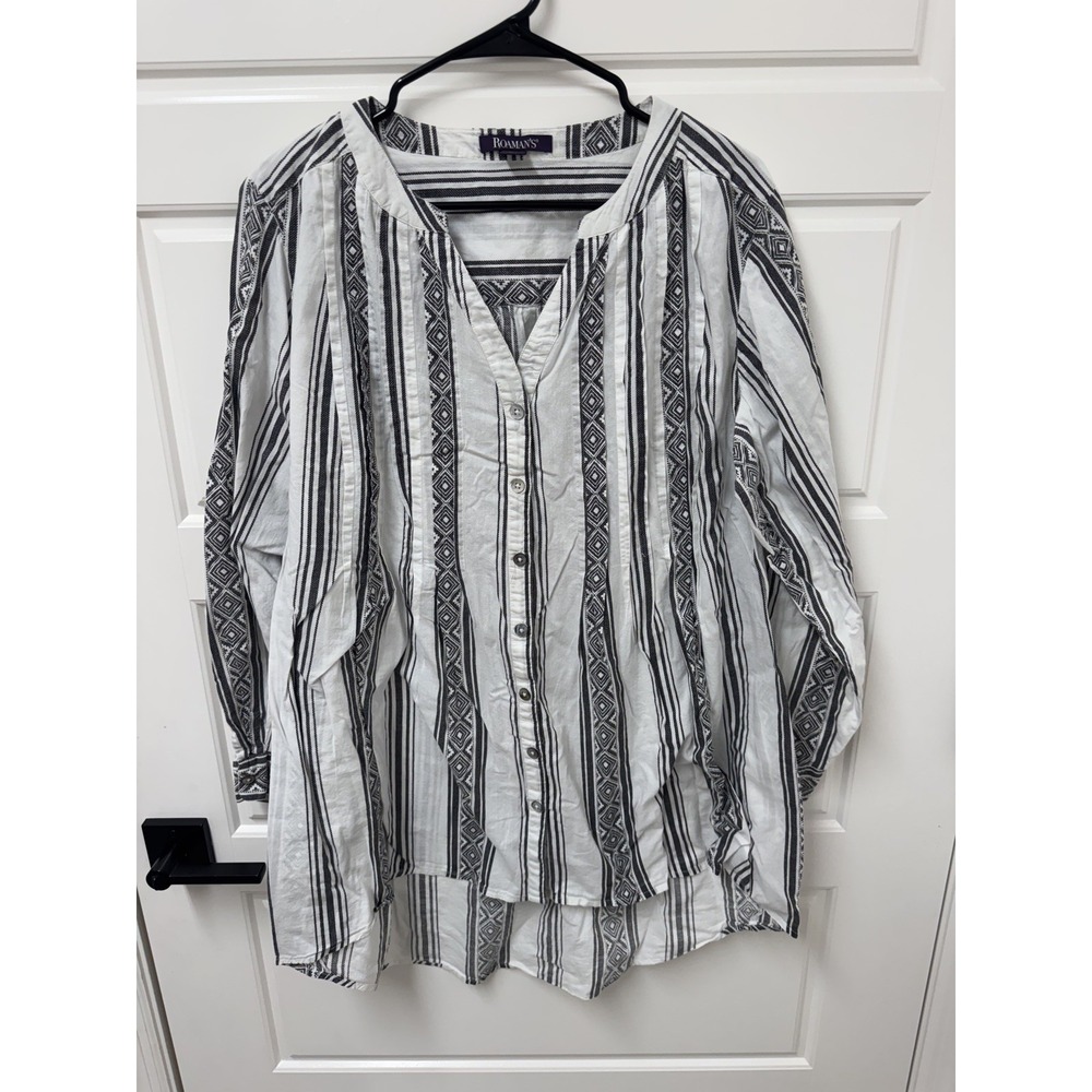 Roamans Boho Blouse 18W White Gray Button Front Hi Lo Hem Striped Top